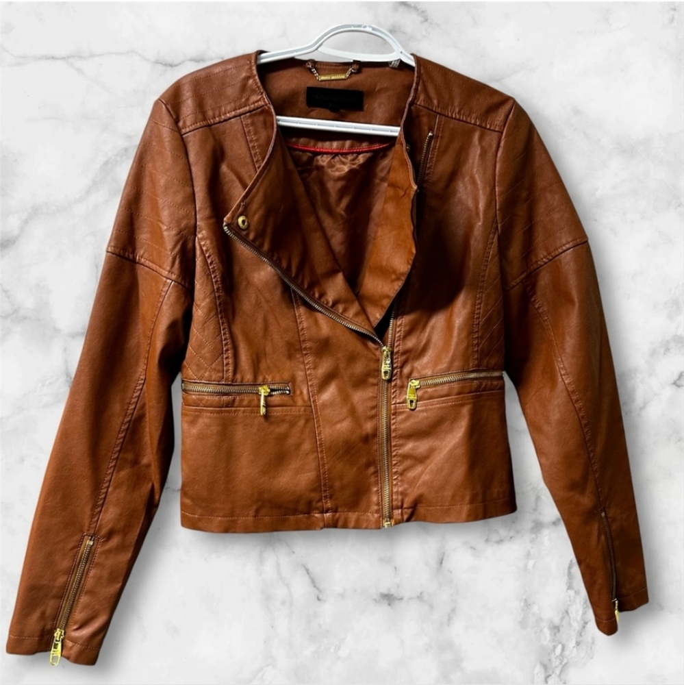 Steve Madden Brown Faux Leather Moto Jacket Large